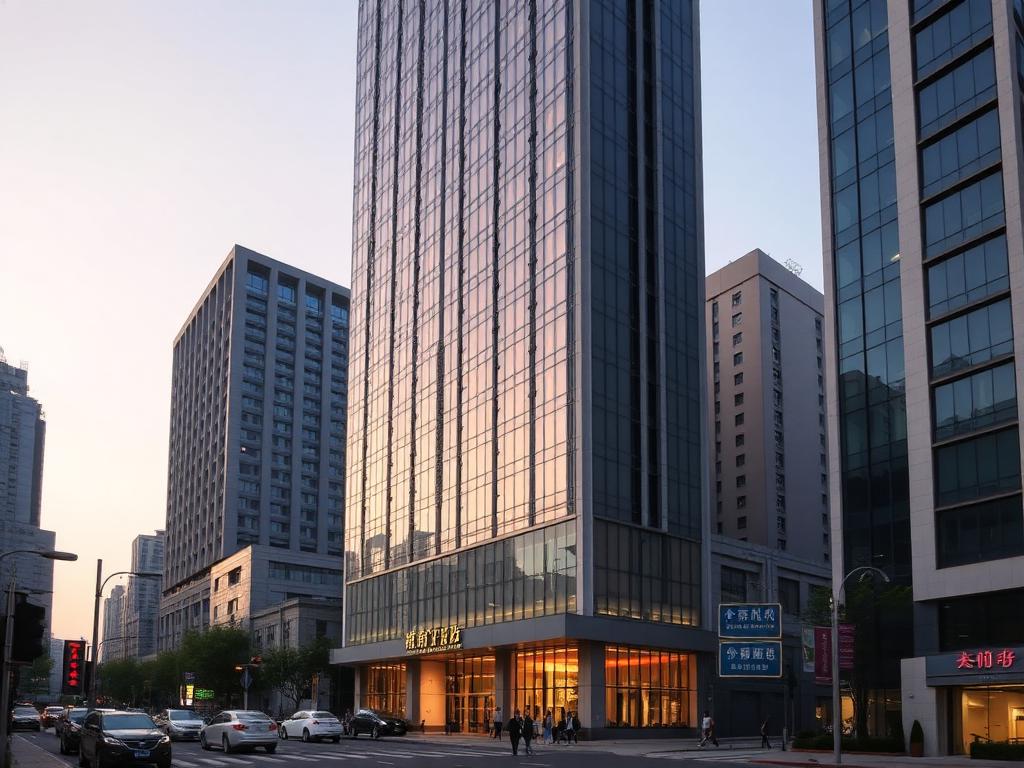 A modern business hotel tower within a Chinese city district at dusk