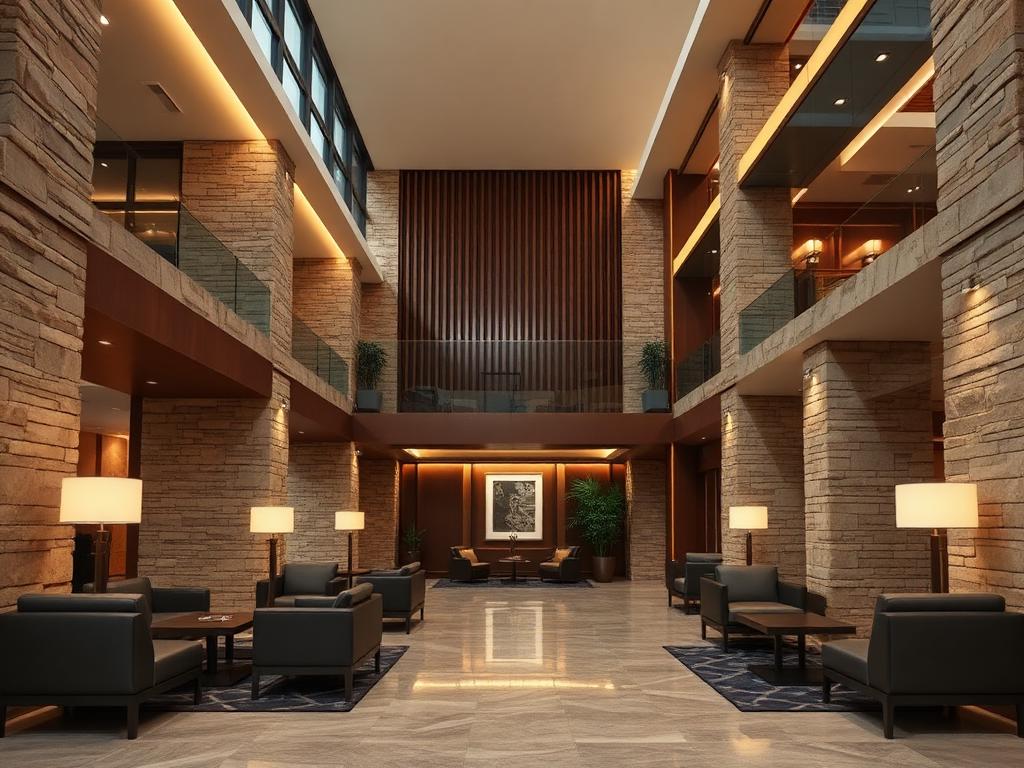 Quiet lobby lounge of a premium business hotel