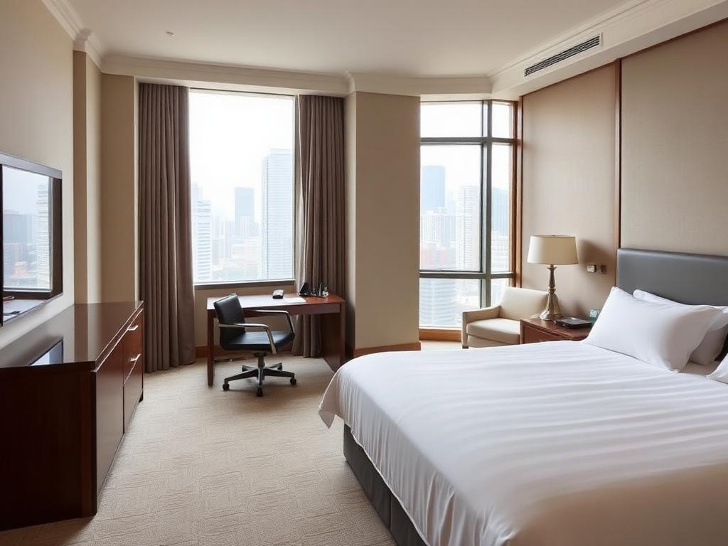 Executive hotel room with a city view and a working desk