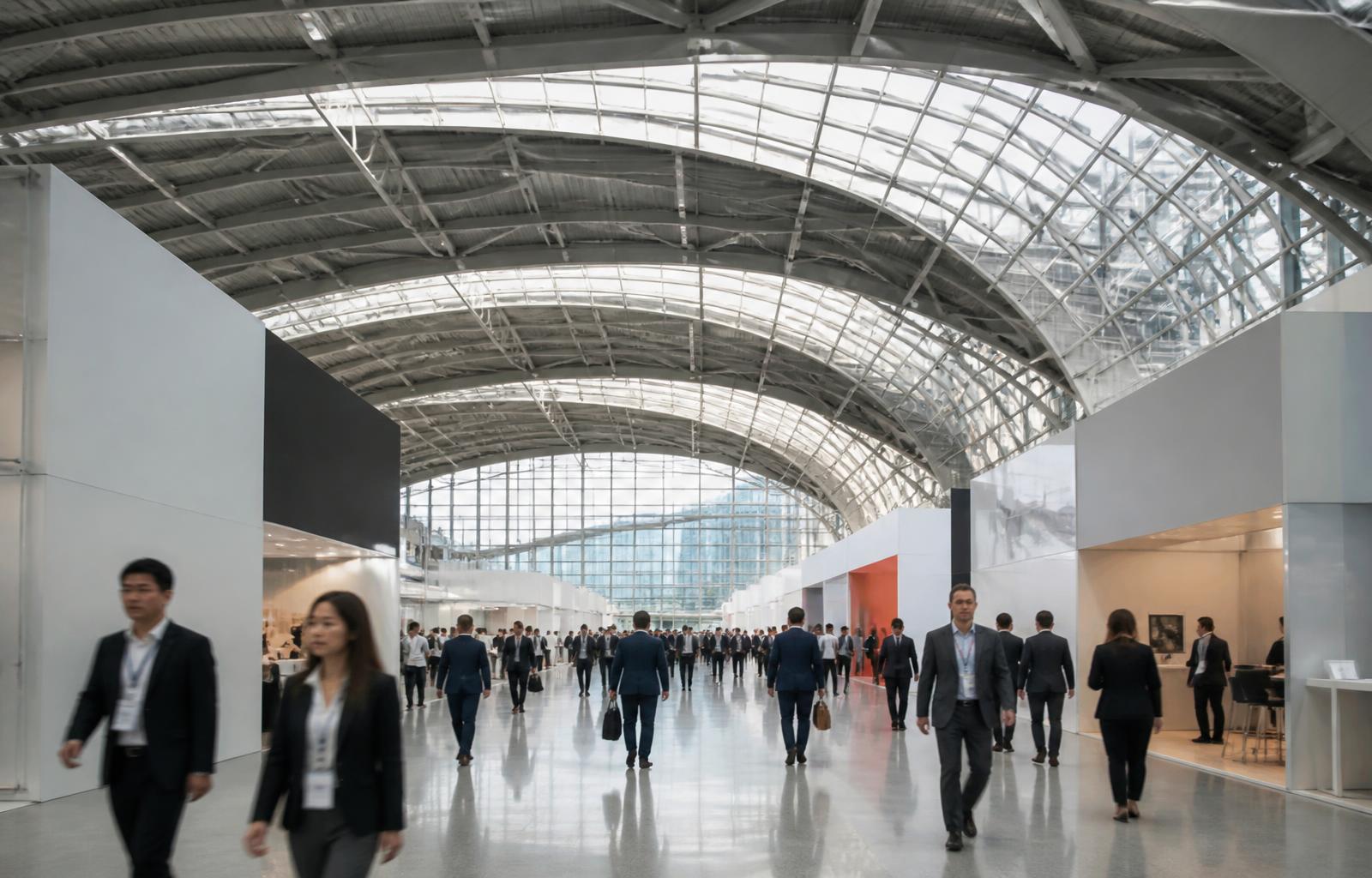 Executives walking a vast Canton Fair exhibition hall