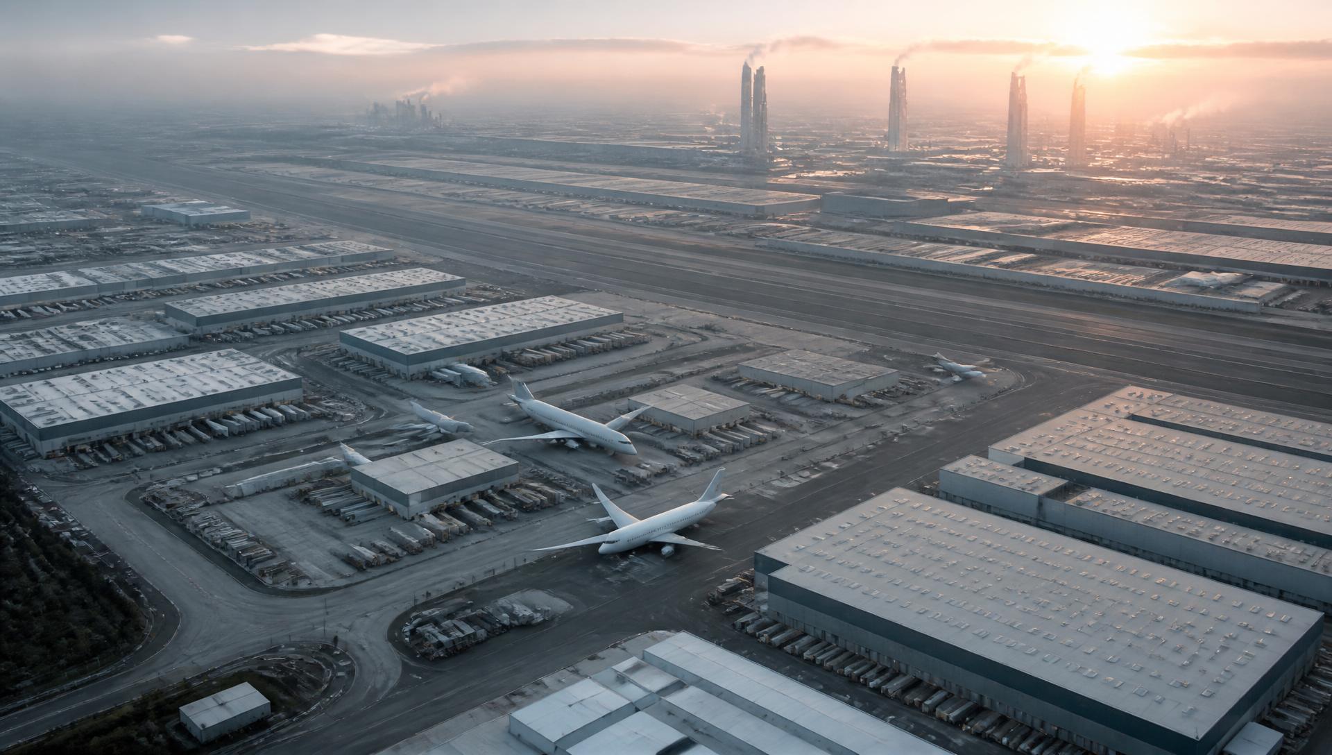 Aerial view of an aviation logistics and industrial park at dawn
