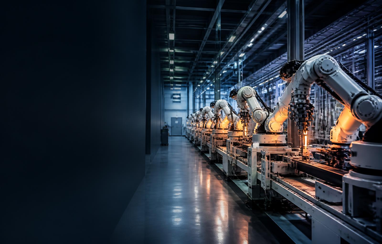 Robotic arms working on a precision manufacturing line in southern China